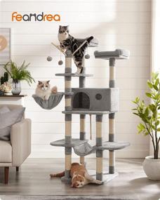 img 3 attached to FEANDREA Large Cat Tree Tower, 64.6 Inches, Cat Activity Center with Hammock, Basket, Removable Fur Ball Sticks, Cat Condo