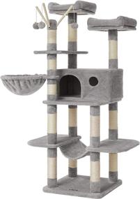 img 4 attached to FEANDREA Large Cat Tree Tower, 64.6 Inches, Cat Activity Center with Hammock, Basket, Removable Fur Ball Sticks, Cat Condo