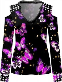 img 3 attached to Women'S Sexy Lace Cold Shoulder T-Shirt Blouse With Butterflies Print - V Neck Long Sleeve Top