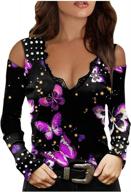 women's sexy lace cold shoulder t-shirt blouse with butterflies print - v neck long sleeve top logo