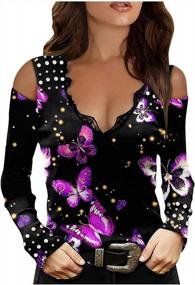 img 4 attached to Women'S Sexy Lace Cold Shoulder T-Shirt Blouse With Butterflies Print - V Neck Long Sleeve Top