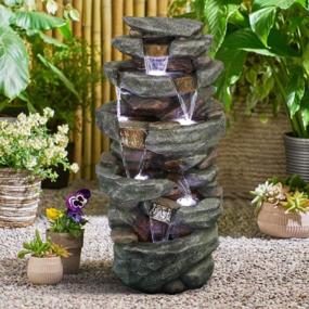 img 4 attached to SunJet 40.5” High Rocks Outdoor Water Fountain - 6-Tiers Cascading Waterfall with LED Lights, Serene Ambiance for Home Garden, Yard Décor