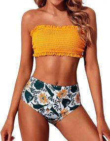 img 4 attached to Smocked Off Shoulder Bandeau Bikini Set With High Waisted Bottoms For Women - By Yonique