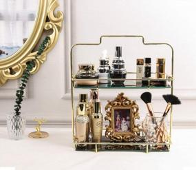 img 1 attached to Gold 2 Tier Makeup Organizer Shelf With Removable Glass Tray - Wire Vanity Storage Rack For Dresser, Countertop, Bathroom And More - Zosenley Cosmetic Basket For Efficient Organization