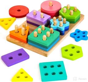 img 4 attached to HELLOWOOD Montessori Wooden Sorting and Stacking Toys for 1-3 Year Old Toddlers, Shape Sorter Puzzles with 24-Piece Large Geometric Blocks, Gift for 12+ Months Baby Boys and Girls