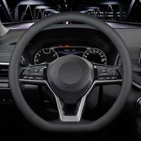 img 4 attached to 🚗 Luxurious Black Nappa Leather D Shape Car Steering Wheel Cover – 15 inch Universal Fit