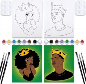 img 4 attached to Набор для вечеринки с красками для пар с предварительно нарисованными натянутыми холстами для рисования, игры с идеями для свиданий, набор для рисования Afro Queen King 8X10 (2 упаковки)