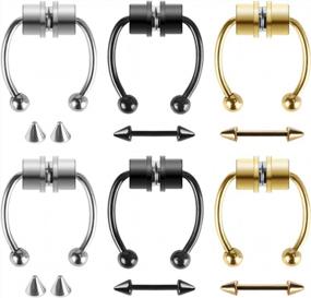 img 4 attached to Horseshoe Septum Nose Ring Set: 6 Packs Of Non-Piercing Titanium Steel Hoops For Women And Men By BUUFAN