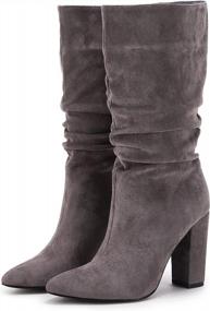 img 4 attached to Women'S Winter Slouchy High Heel Boots With Chunky Block Heel, Pointed Toe And Easy Slip-On Design In Suede Material - Perfect For Mid-Calf Styling By Syktkmx