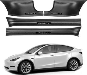 img 4 attached to 🚘 KIKIMO Matte Carbon Fiber ABS Door Sill Protector for Tesla Model Y - Car Pedal Kick Protection with Sill Scuff Plate Guard Set - Front and Rear Door Sill Covers for 5 Seater Tesla Model Y Accessories