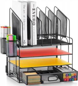img 4 attached to Marbrasse Desk Organizer With Drawer, 4-Tier Mesh Desk File Organizer With 5 Vertical File Holders And 2 Pen Holders, Multifunction Desktop Organizer,Desk Organizers And Accessories For Home Office