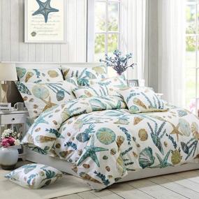 img 4 attached to FADFAY Duvet Cover Set Twin Beach Themed Bedding Sets 100% Cotton Super Soft Coastal Bedding White Teal Seashells And Starfish Nautical Bedding With Hidden Zipper Closure 3 Pieces Twin Size