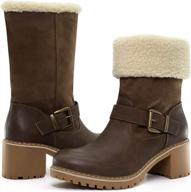 women's cute warm winter snow ankle booties chunky mid heel round toe boots logo
