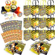 tinymills construction trucks birthday party assortment favor set of 108 pcs (12 party favor treat bags with handles, 24 self-ink stamps for kids, 12 sticker sheets, 12 coloring books , 48 crayons) garbage truck party dump truck party supplies logo