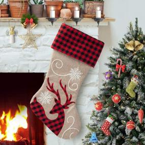 img 4 attached to HAUMENLY Рождественский чулок из мешковины, классический красный и черный клетчатый рождественский носок с оленями для украшения домашней вечеринки