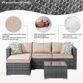 img 3 attached to JAMFLY Outdoor Furniture Patio Sets, Low Back All-Weather Small Rattan Sectional Sofa With Tea Table&Washable Couch Cushions Upgrade Wicker Silver Gray Rattan 3-Piece (Khaki)