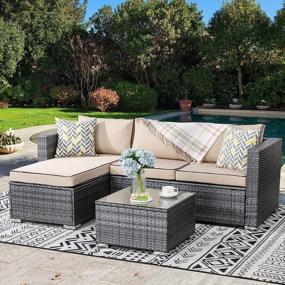 img 4 attached to JAMFLY Outdoor Furniture Patio Sets, Low Back All-Weather Small Rattan Sectional Sofa With Tea Table&Washable Couch Cushions Upgrade Wicker Silver Gray Rattan 3-Piece (Khaki)