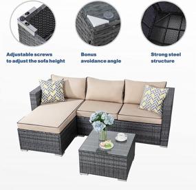 img 2 attached to JAMFLY Outdoor Furniture Patio Sets, Low Back All-Weather Small Rattan Sectional Sofa With Tea Table&Washable Couch Cushions Upgrade Wicker Silver Gray Rattan 3-Piece (Khaki)