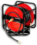 industrial-grade reelworks air hose reel with 100' retractable hybrid polymer hose and heavy duty steel construction logo