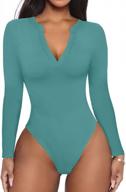 women's sexy v neck long sleeve work fitted ribbed thong bodysuit tops logo