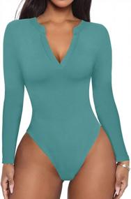 img 4 attached to Women'S Sexy V Neck Long Sleeve Work Fitted Ribbed Thong Bodysuit Tops