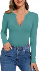 img 1 attached to Women'S Sexy V Neck Long Sleeve Work Fitted Ribbed Thong Bodysuit Tops
