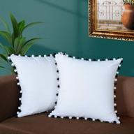 set of 2 decorative pillowcase covers, 18x18 inches with pom pom accents, in white and black logo