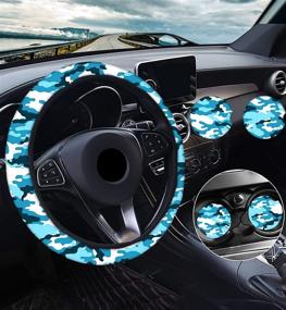 img 4 attached to Camo Steering Wheel Cover With 2Pcs Car Coasters Interior Accessories