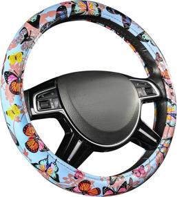 img 1 attached to CAR-GRAND Butterfly Shining Elegant Print Leather Leopard Star Steering Wheel Cover For Pretty Women Cute Girls Truck SUV Van (Butterfly Shining