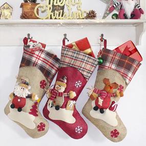 img 4 attached to 3 Pack Christmas Stockings With 3D Santa, Snowman, Reindeer | Plaid Xmas Stocking Personalized Decorations For Trees, Wall & Family Party | Classic Holiday Decoration.