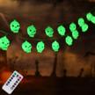 illuminew 30 led halloween skull string lights, battery operated 8 modes fairy lights with remote, 16.4ft waterproof halloween decoration lights for outdoor indoor party (green) logo