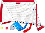 3-in-1 sports net with soccer, pitchback, hockey: includes balls, puck, and sticks for ultimate versatility logo