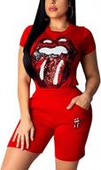 lightweight hissp women's 2-piece tracksuit set with lips print crop top and shorts in red (size: medium) logo