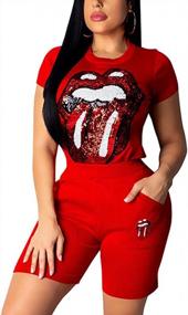 img 4 attached to Lightweight HISSP Women'S 2-Piece Tracksuit Set With Lips Print Crop Top And Shorts In Red (Size: Medium)