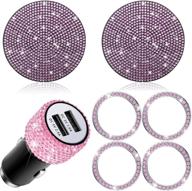 🚗 bling car accessories set with usb car charger, rhinestone car coasters, and sticker emblem rings – stylish start button rings for men and women - pink логотип