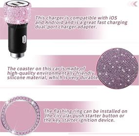 img 3 attached to 🚗 Bling Car Accessories Set with USB Car Charger, Rhinestone Car Coasters, and Sticker Emblem Rings – Stylish Start Button Rings for Men and Women - Pink