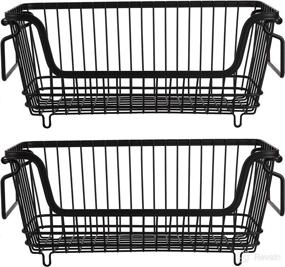 img 3 attached to 🧺 Bekith 2 Pack Stackable Metal Wire Utility Storage Basket: Black Pantry & Cabinet Organizer Bin with Handles