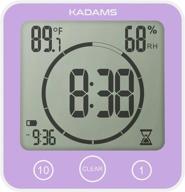 purple waterproof digital clock timer for bathroom, shower, and kitchen with alarm, visual countdown, indoor temperature and humidity monitoring, time management tool, suction cup and stand logo