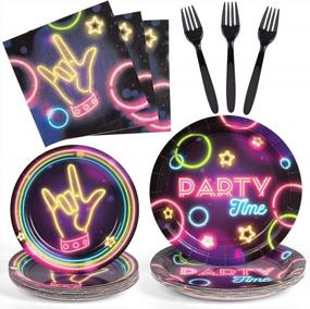 img 4 attached to Neon Glow Party Essential: 96PCS DecorLife Party Supplies Serves 24 With Plates And Napkins For Perfect Decorations!