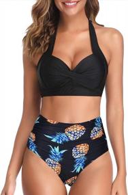 img 4 attached to Women'S High Waisted Bikini Vintage Swimsuit Retro Halter Ruched Tummy Control Two Piece Bathing Suit
