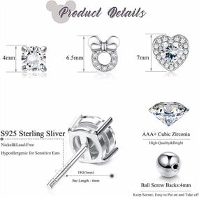 img 3 attached to Set Of 3 Pairs Of 925 Sterling Silver Screw Back Earrings For Women And Girls - Cartilage, Tragus, And Helix Earrings With Cubic Zirconia Heart And Mouse Studs By Milacolato