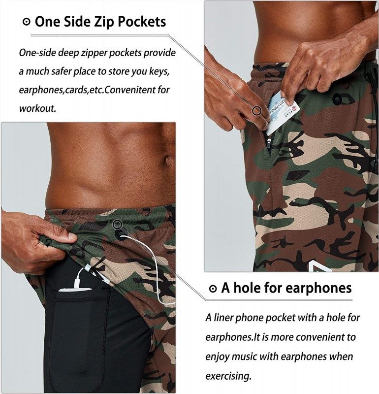 Pinkbomb Men's 2 in 1 Workout Running Shorts with Phone Pocket Quick Dry Athletic  Gym Shorts for Men with Zippered Pocket Army Green at  Men's Clothing  store