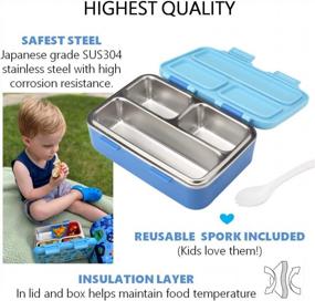 img 3 attached to Insulated Stainless Steel Mini Bento Lunch Box For Toddlers, 3 Portion Sections With Leakproof Lid, Daycare Pre-School Lunches Snack Container - Blue Monster