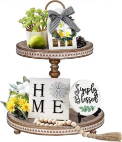 img 4 attached to LIBWYS 6 Pcs Farmhouse Decors For Tiered Tray Farmhouse Home Decor Tiered Tray Decor Items Mini Signs Simply Blessed Home Windmill Wooden Beads Garland Rustic Kitchen Decor