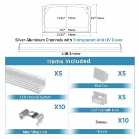 img 3 attached to Muzata 5Pack 3.3FT/1M Silver LED Channel With Clear Anti-UV Sun Protection Cover,16Mm Wide Aluminum Track For Waterproof Light Strips U103 1M WT, LU2 LP1 LH1 UV1