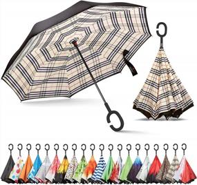 img 4 attached to Ветрозащитный обратный зонт для женщин с защитой от ультрафиолета и перевернутой С-образной ручкой - Sharpty