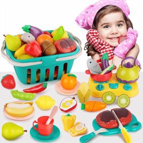 img 4 attached to IPlay, ILearn Кухонный игровой набор для малышей с нарезаемыми пластиковыми овощами и фруктами, набор игрушек для приготовления пищи с чайником и чашками, корзина для игр с едой для детей в подарок, подходит для девочек 3-6 лет