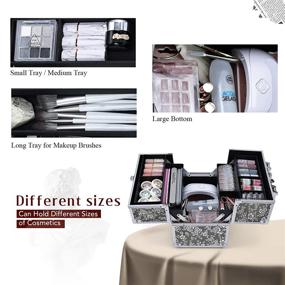 img 3 attached to Portable Makeup Train Case With 4 Trays And Lockable Divider - Aluminum Cosmetic Box For Makeup Artists And Crafters - Silver Floral Design
