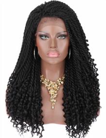 img 4 attached to Kalyss 20" Hand-Braided Black Synthetic Lace Front Twist Braid Hair Wig For Women: Curls At Ends, Baby Hair & Lace Curved Parting Frontal