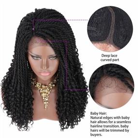 img 3 attached to Kalyss 20" Hand-Braided Black Synthetic Lace Front Twist Braid Hair Wig For Women: Curls At Ends, Baby Hair & Lace Curved Parting Frontal